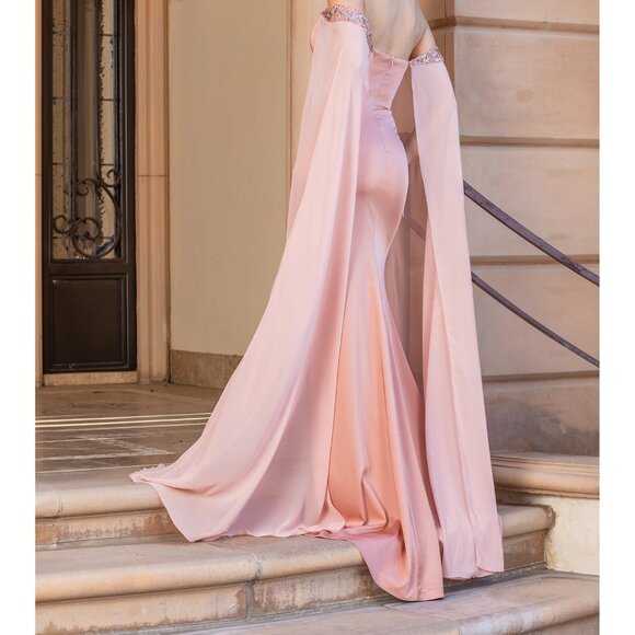 New Off Shoulder Sheath Dress w/ Beads Embroidery & Shoulder Drapes DQ 4306 - Picture 6 of 9